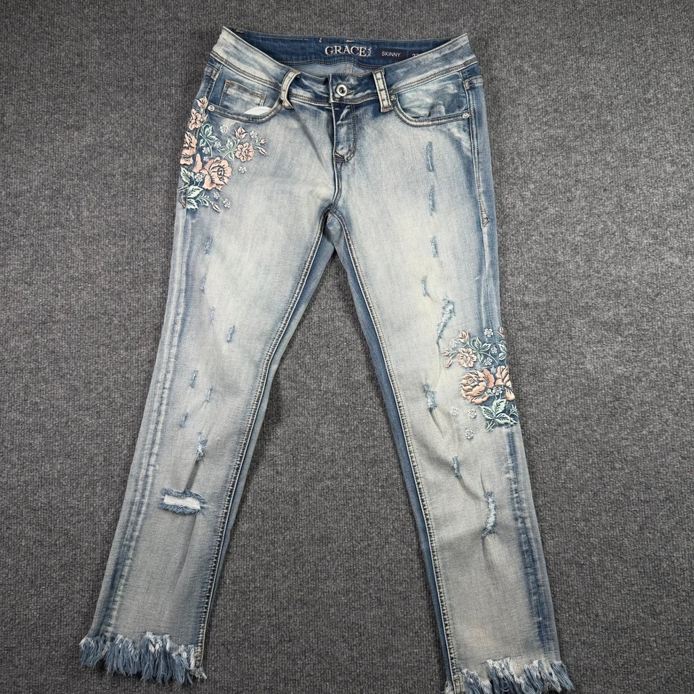 Grace in LA Skinny Jeans Womens 27 Light Wash Floral Distressed Frayed Hem